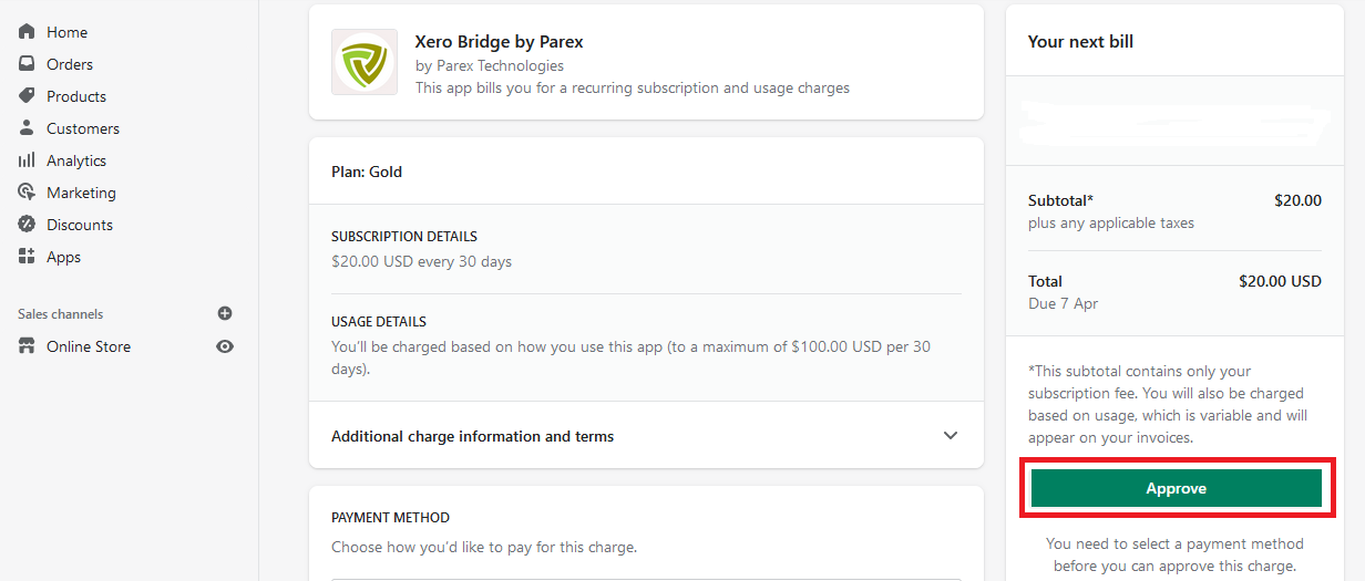 Approve the plan charges for Xero bridge app.